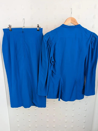 Vintage 80s Berkertex Occasions Electric Blue Peplum Skirt Suit UK8/10