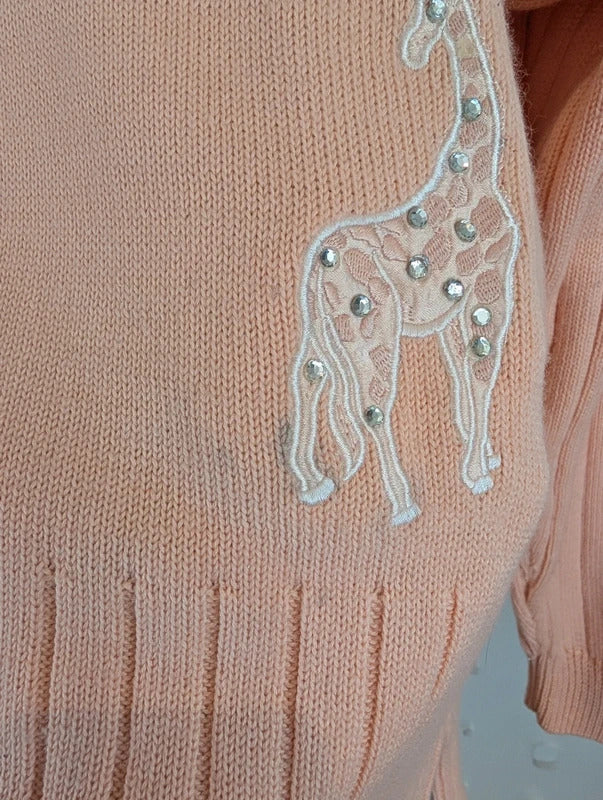 Vintage German Peach Merino Wool Blend Diamanté Giraffe Jumper UK18