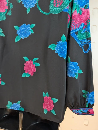 Dae Ho Vintage Floral Equestrian Blouse – Black – Puff Sleeve – UK 10/12