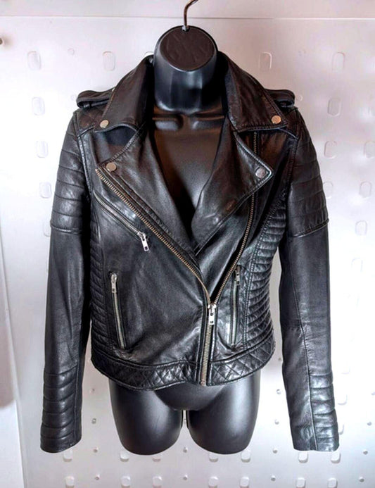 Jane Norman Classic Black Leather Biker Jacket – UK 10