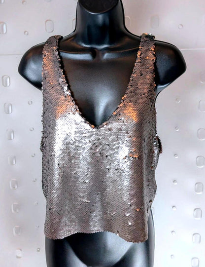 Mango Casual dull silver sequin top in EU Small