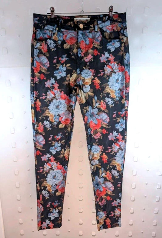 Dark Floral Jeans – High Waist Straight Leg – Statement Print – UK 10