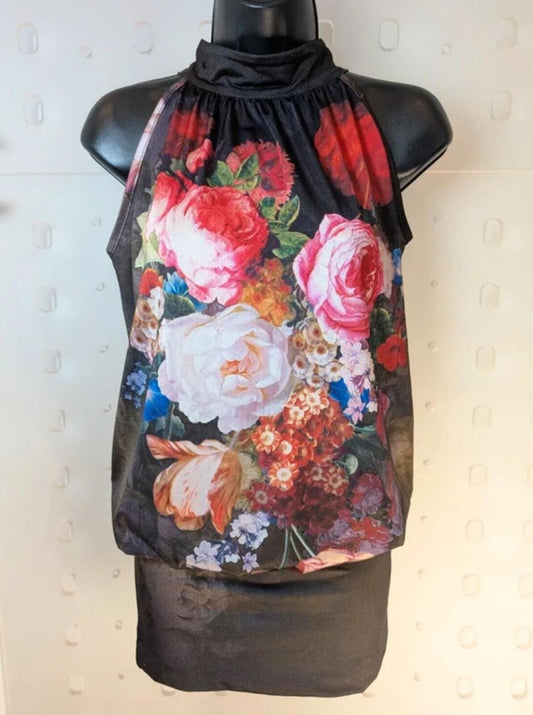 Dark Floral Halter Neck Mini Dress – Keyhole Back – Made in Spain – UK S