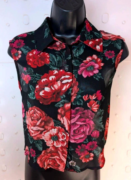Sheer Black Floral Cropped Blouse – Boxy Fit Button Front – UK 10/12