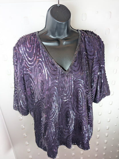 Frank Usher vintage purple beaded sequin open-back top M